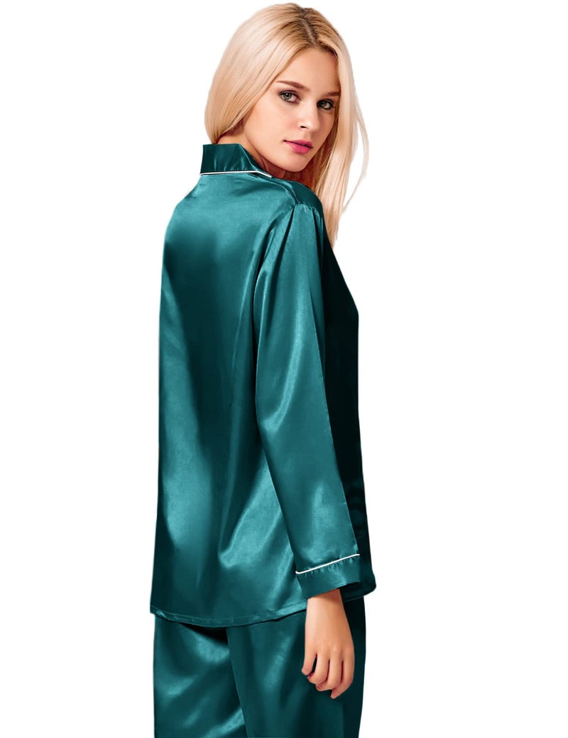 SWOMOG Womens Silk Satin Pajamas Long Sleeve Loungewear Two-Piece Sleepwear Button-Down Pj Set Green - Image 5